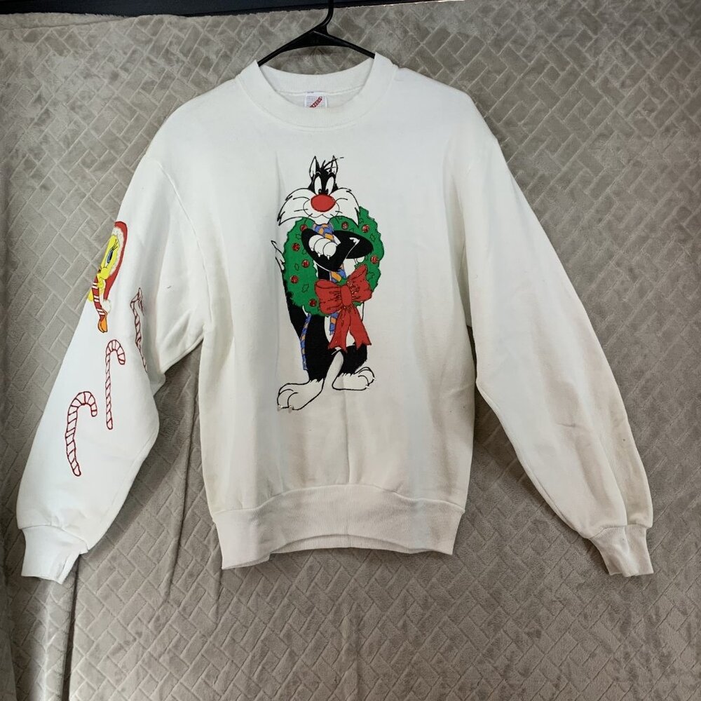 Jerzees Adult Small Sweatshirt White Christmas Sylvester Tweetie Bird Graphic